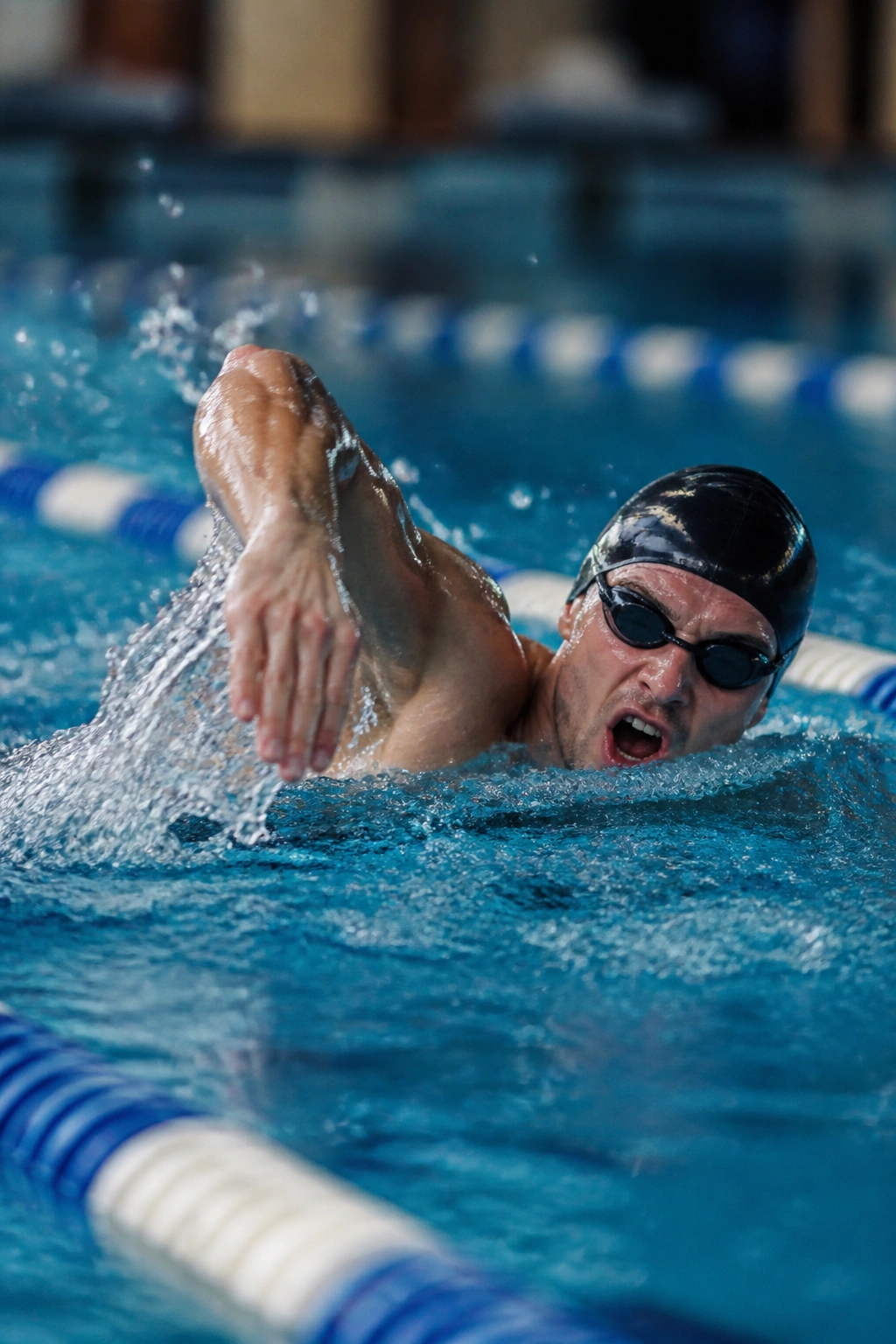 Swimmer sprinting in pool with water splash and strong arm pull.