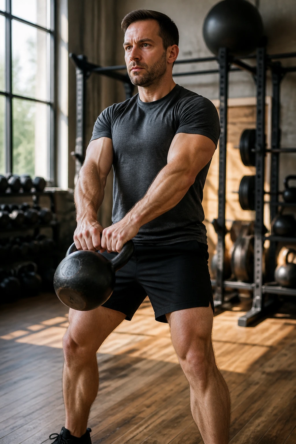 Lifter performing a swing and clean ladder with a kettlebell in a gym
