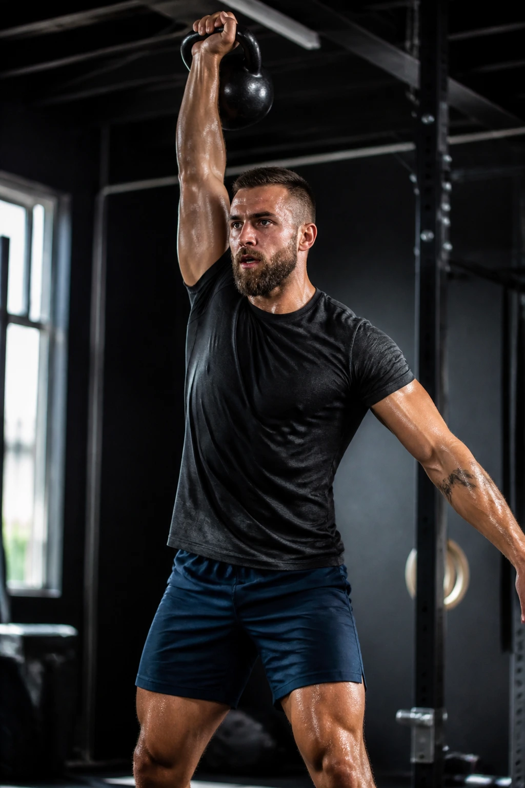 Athlete performing kettlebell snatch in a gym