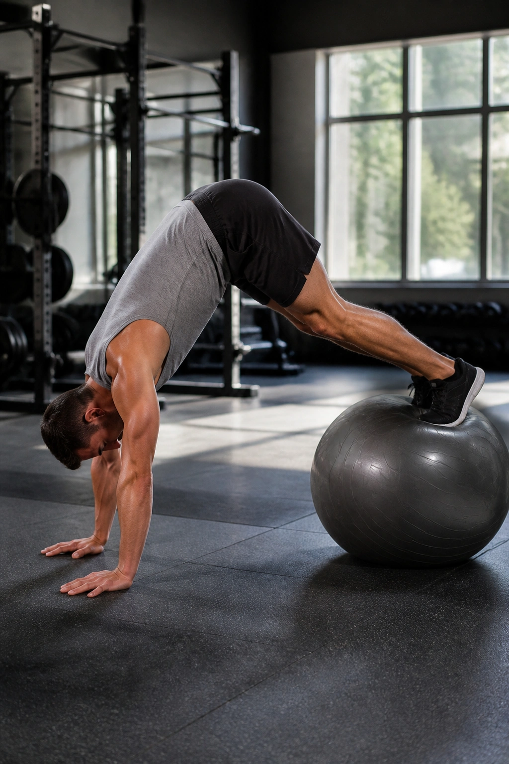 Athlete performing Swiss Ball Pike with hips raised on a stability ball.