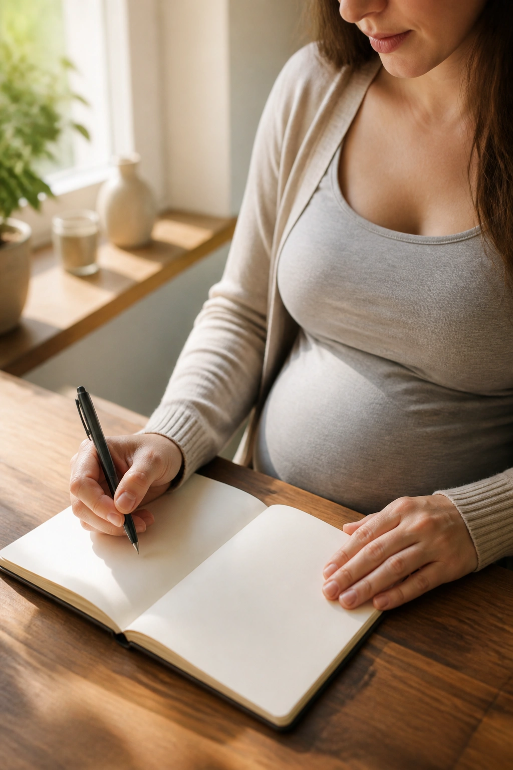 Pregnant woman writing in a blank notebook to track symptoms
