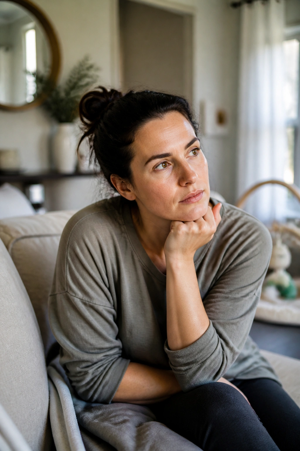 Person reflecting on bodily symptoms after exercise in a home setting.