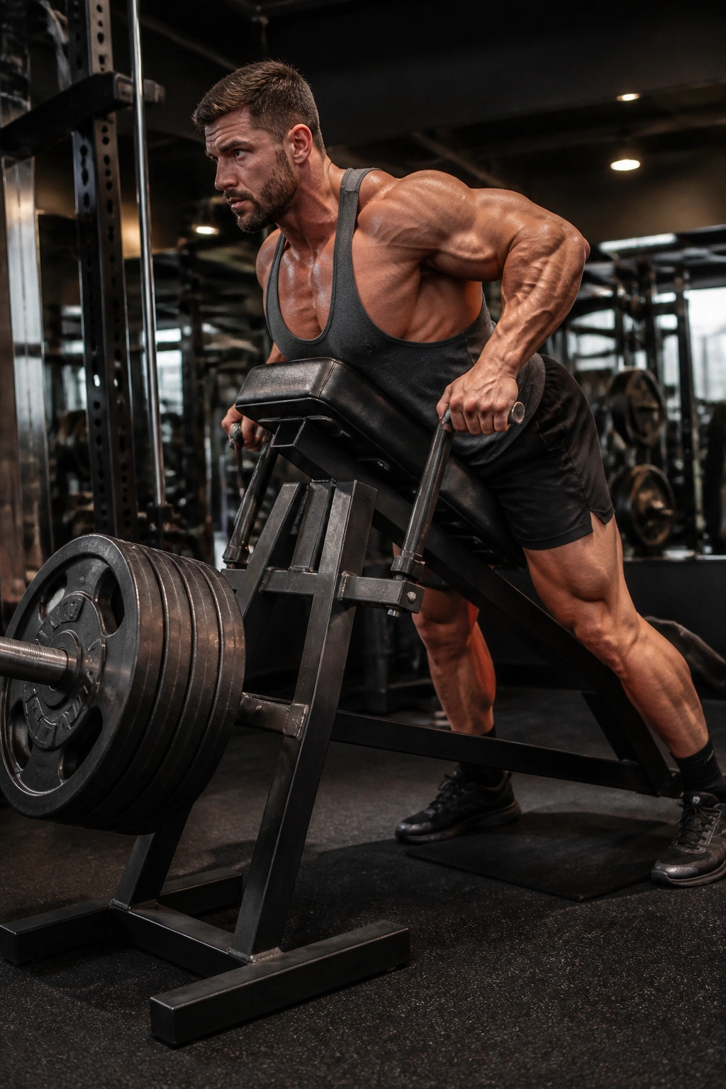 Lifter executing a T-Bar row with proper back position in a gym