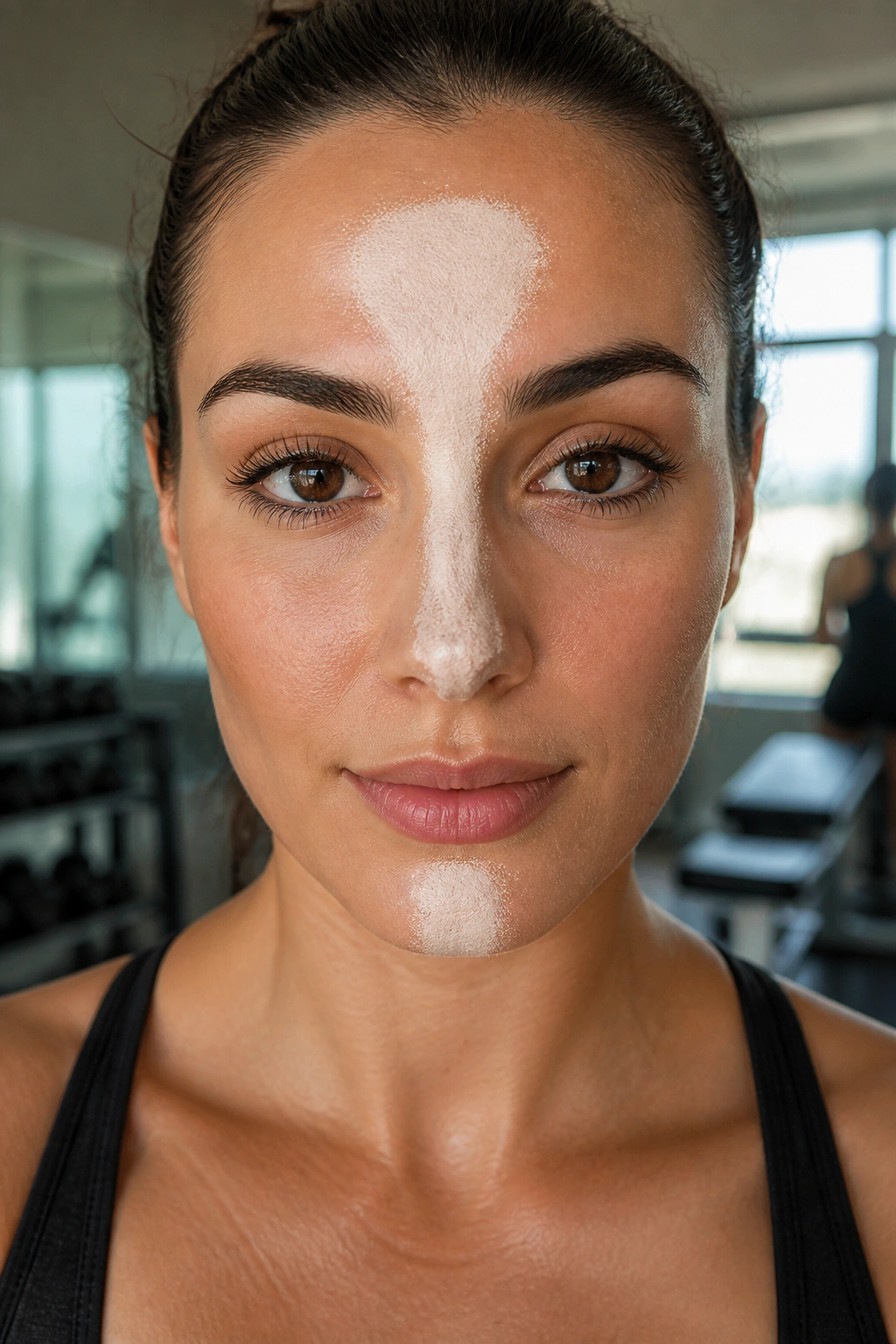 T-zone setting with translucent powder in gym makeup routine