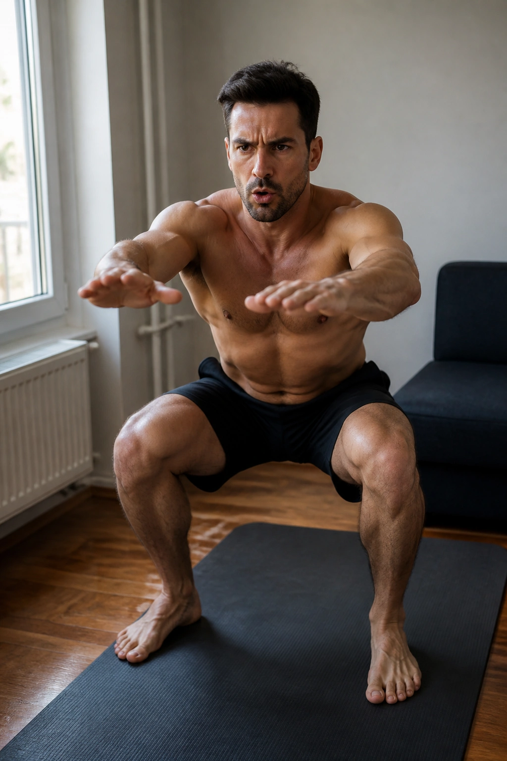 Person doing air squats in a small home space during a Tabata