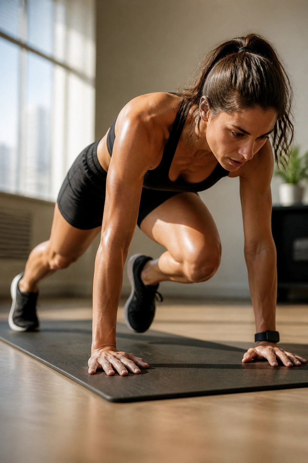 Person performing mountain climbers in a sunlit gym mat