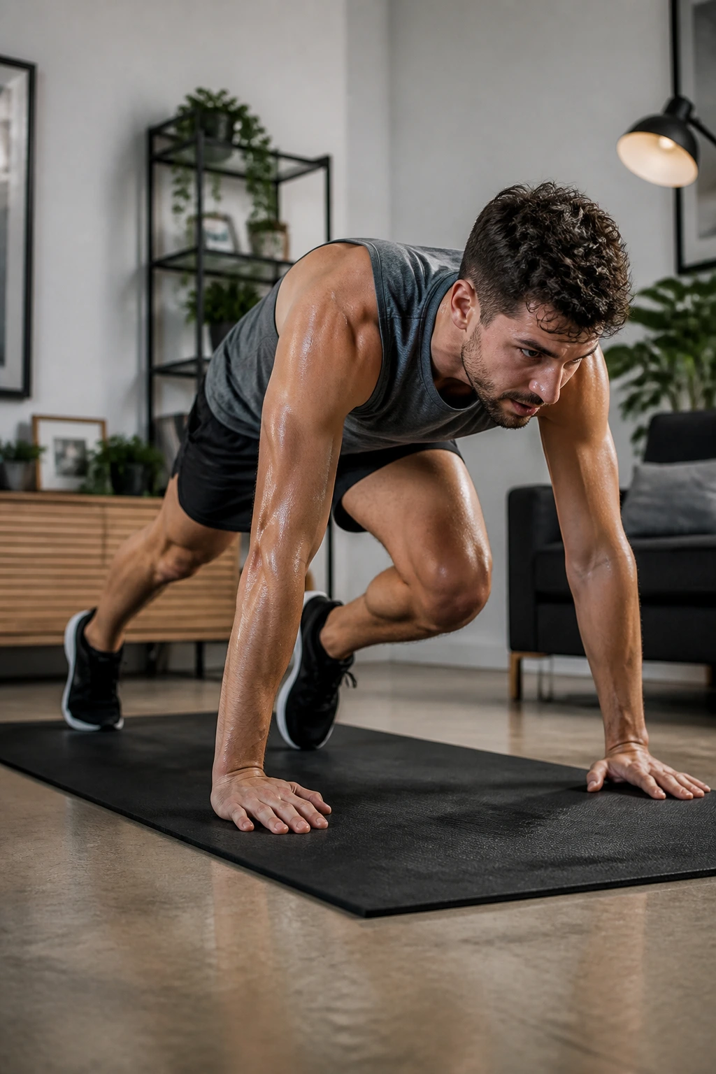 Athlete doing mountain climbers in a home setting