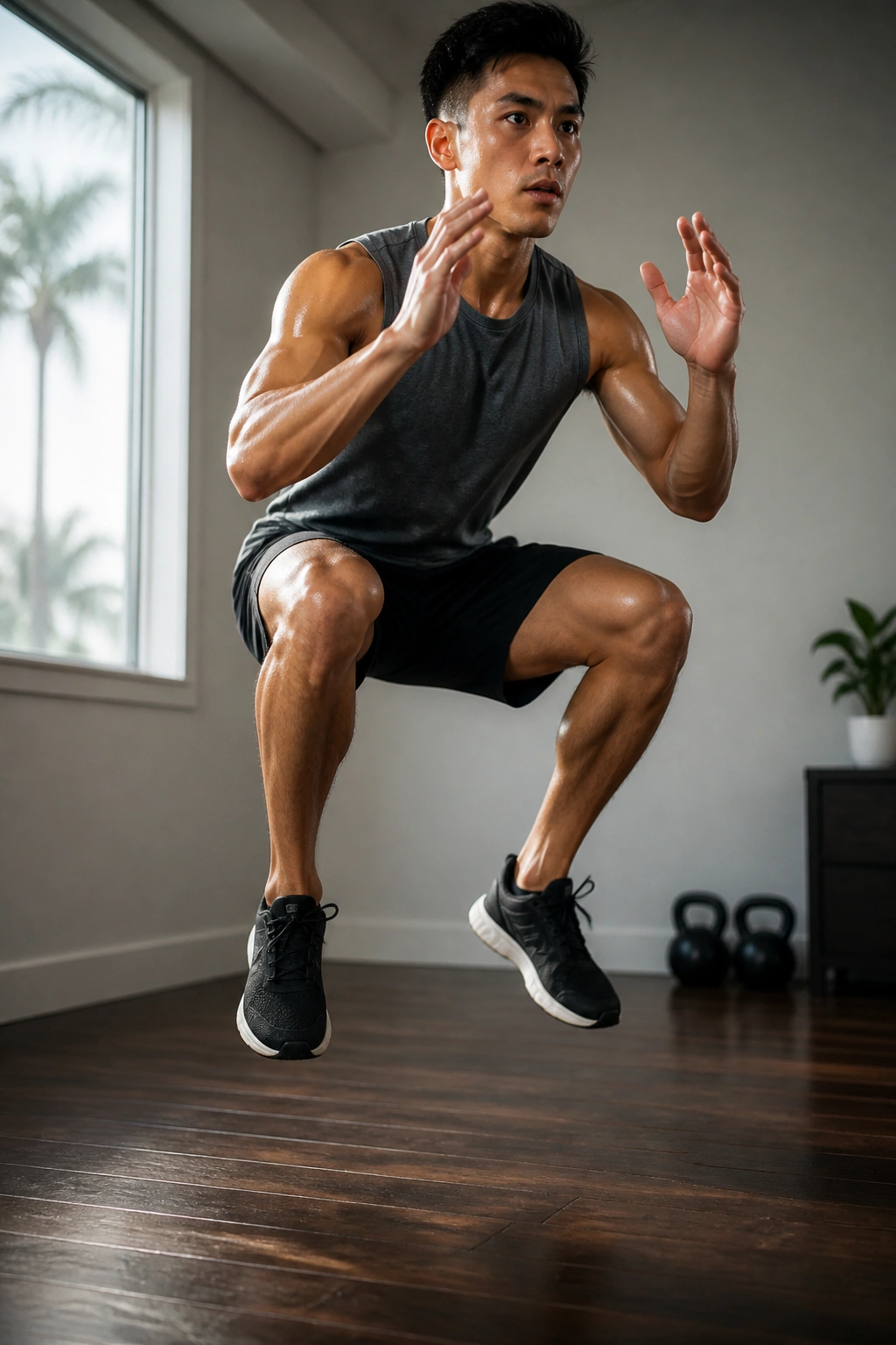 Person performing jump squats during Tabata circuit at home