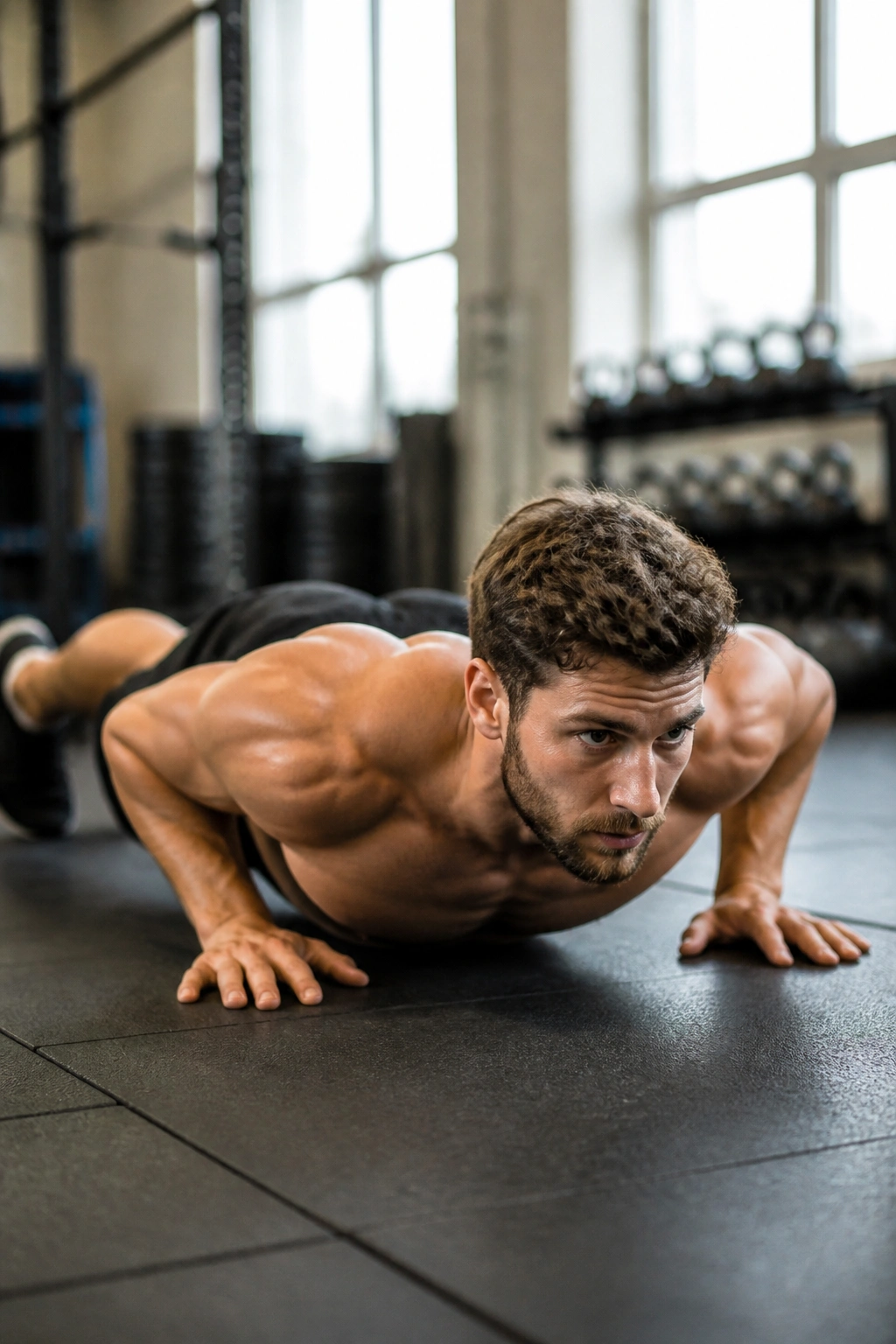 Close-up of a fit person mid-burpee during Tabata drill in a gym
