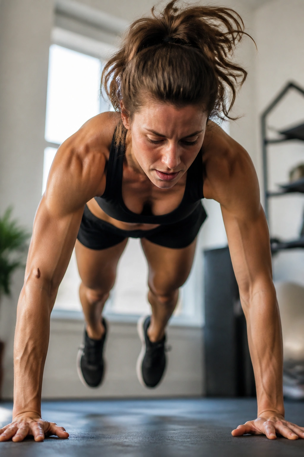 Person performing a burpee during Tabata intervals in a home gym.