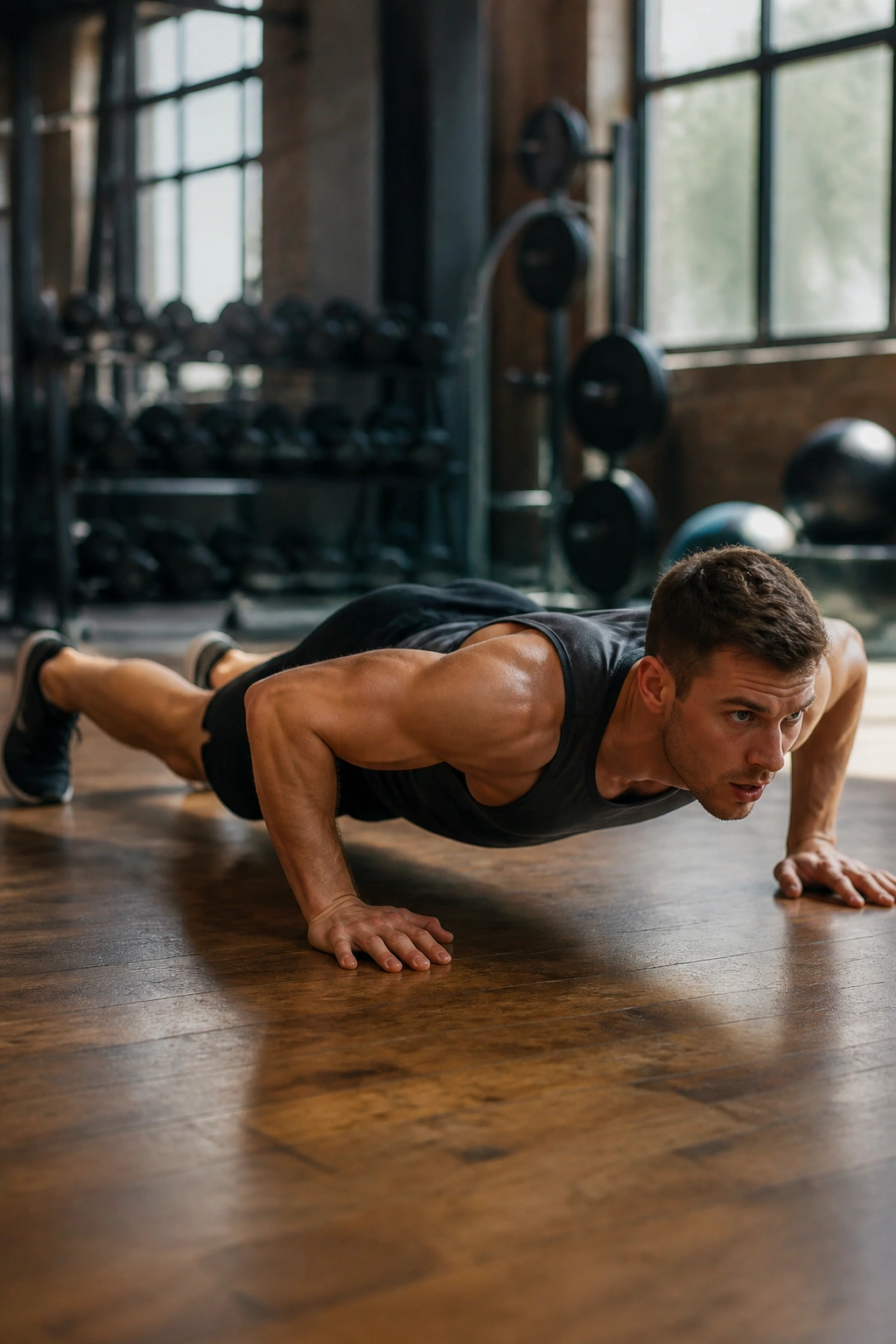 Real athlete performing burpee during Tabata workout in gym