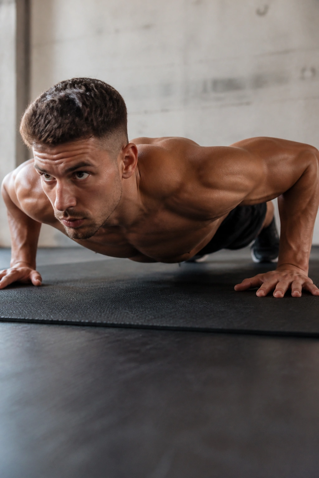 Close-up of athlete performing burpee during Bodyweight Tabata in gym