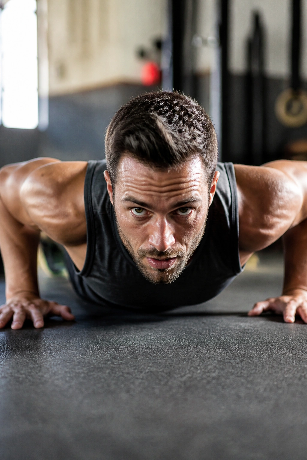 Person performing a burpee mid-movement in a gym setting