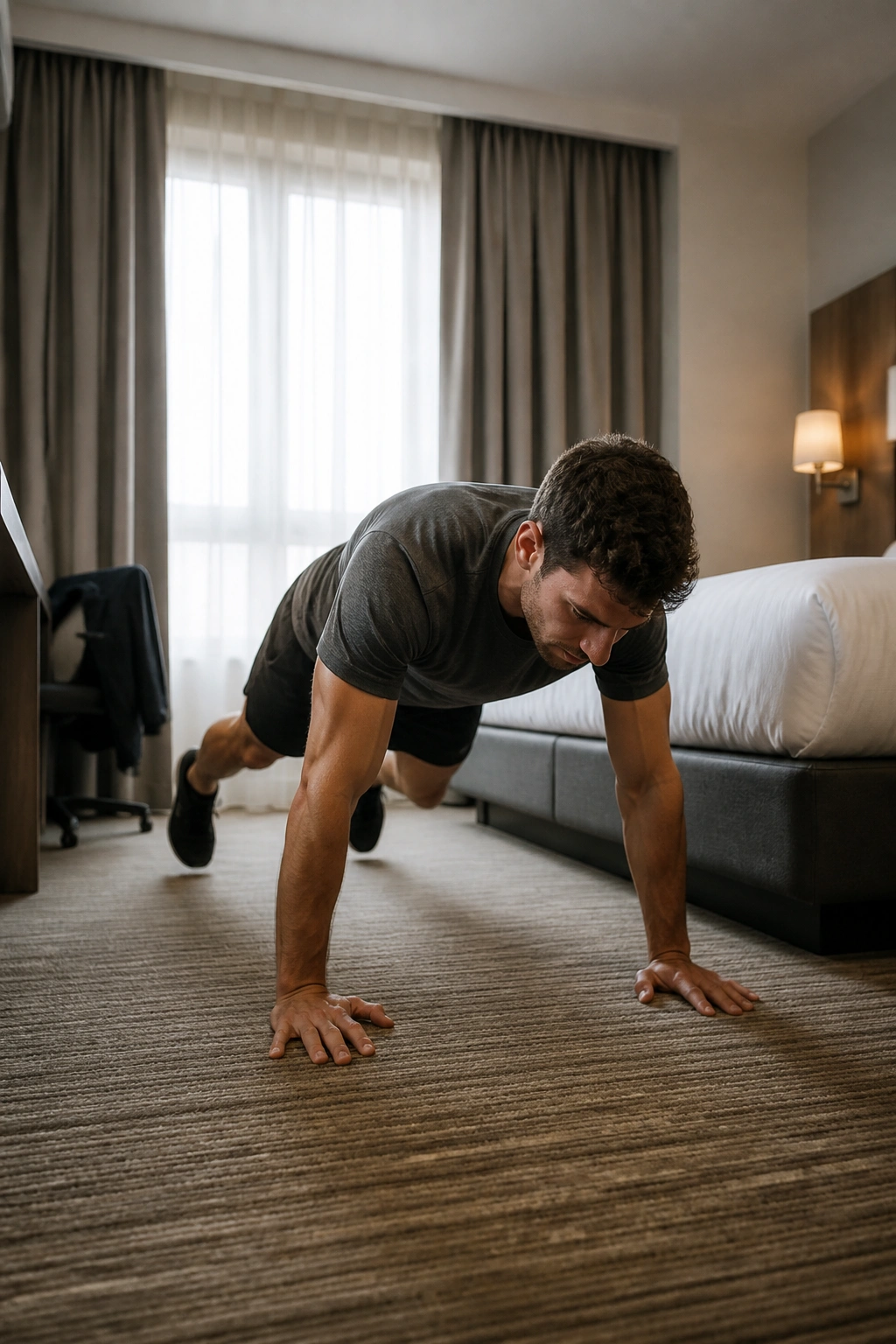 Person doing burpees in a small hotel room for Tabata training.