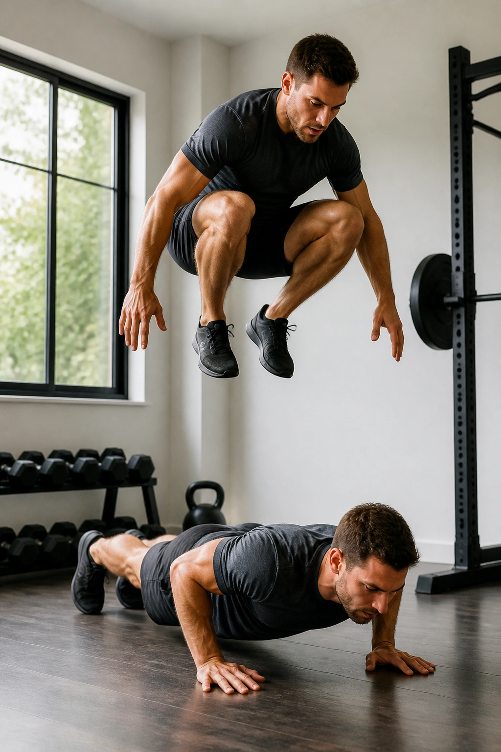 Person performing burpees during a Tabata finisher in a home gym.