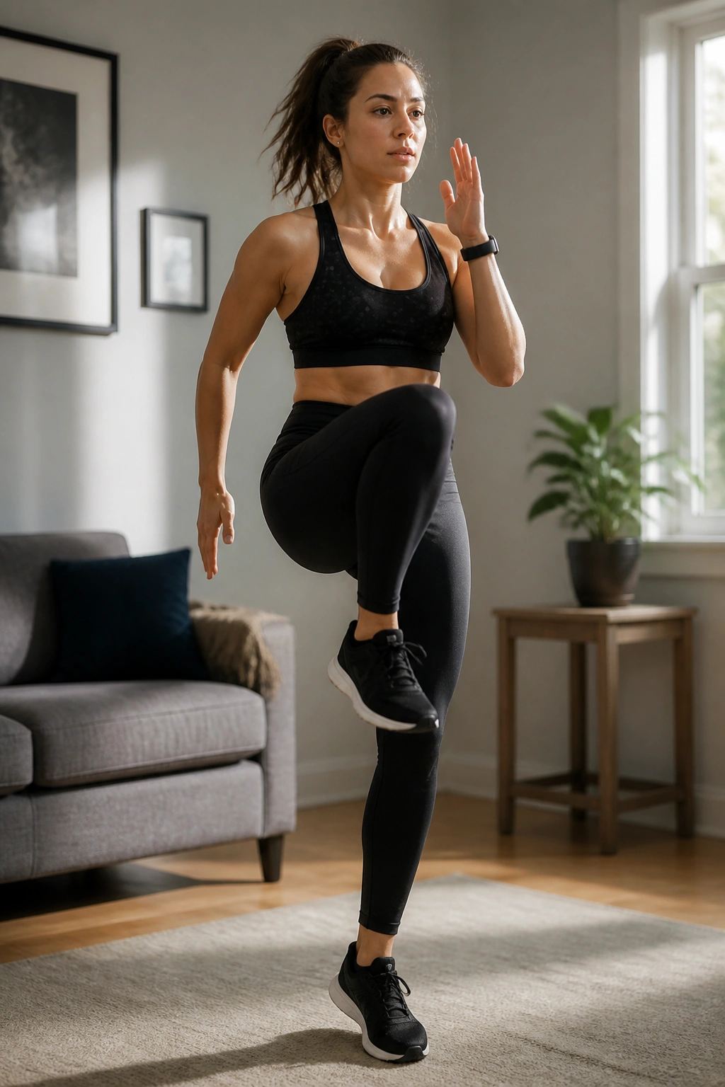 Person performing high knees in a living room for Tabata bursts