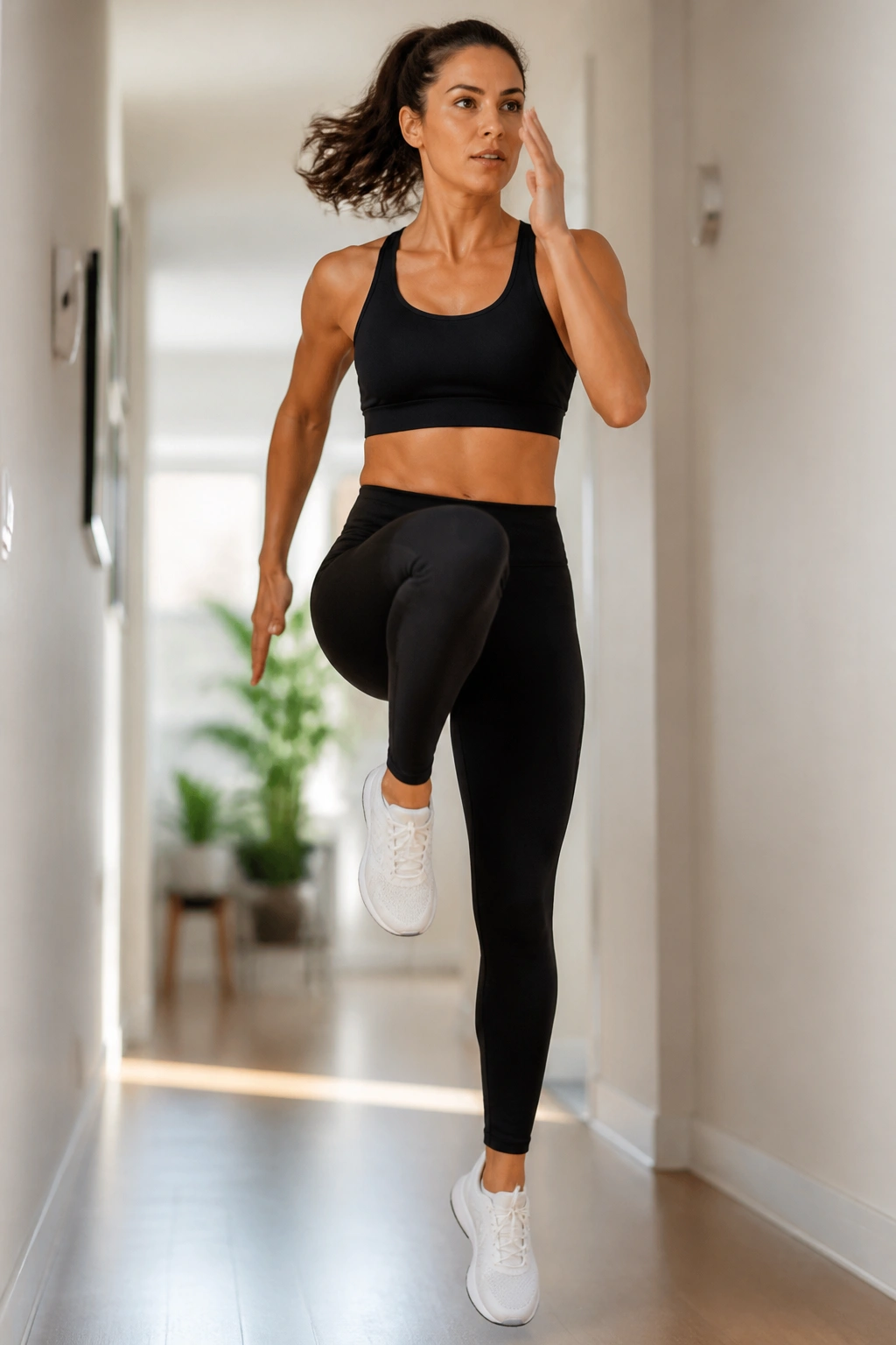 Person doing high knees during Tabata in a bright home