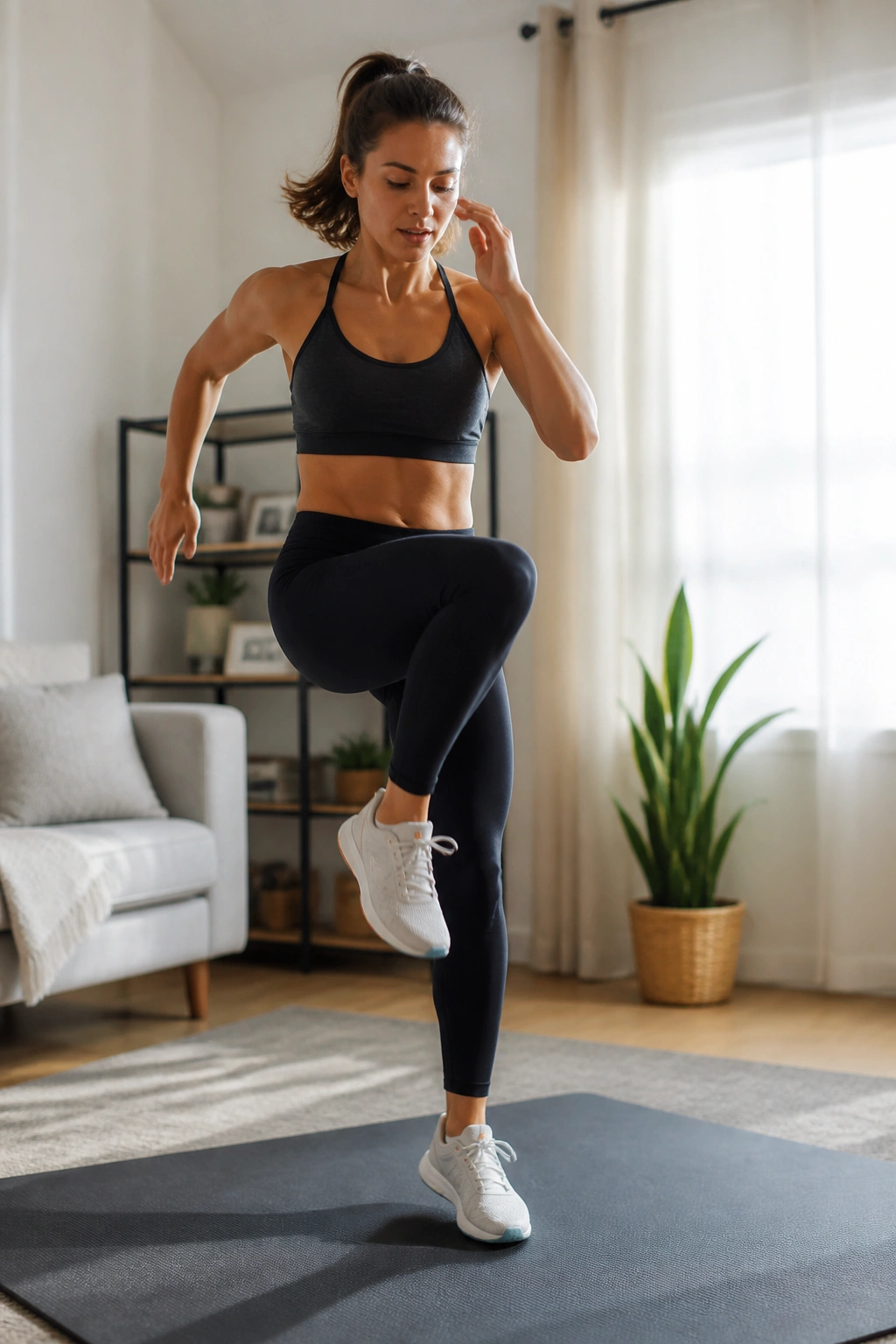 Person performing no-jump Tabata cardio on a mat in a sunny living room.