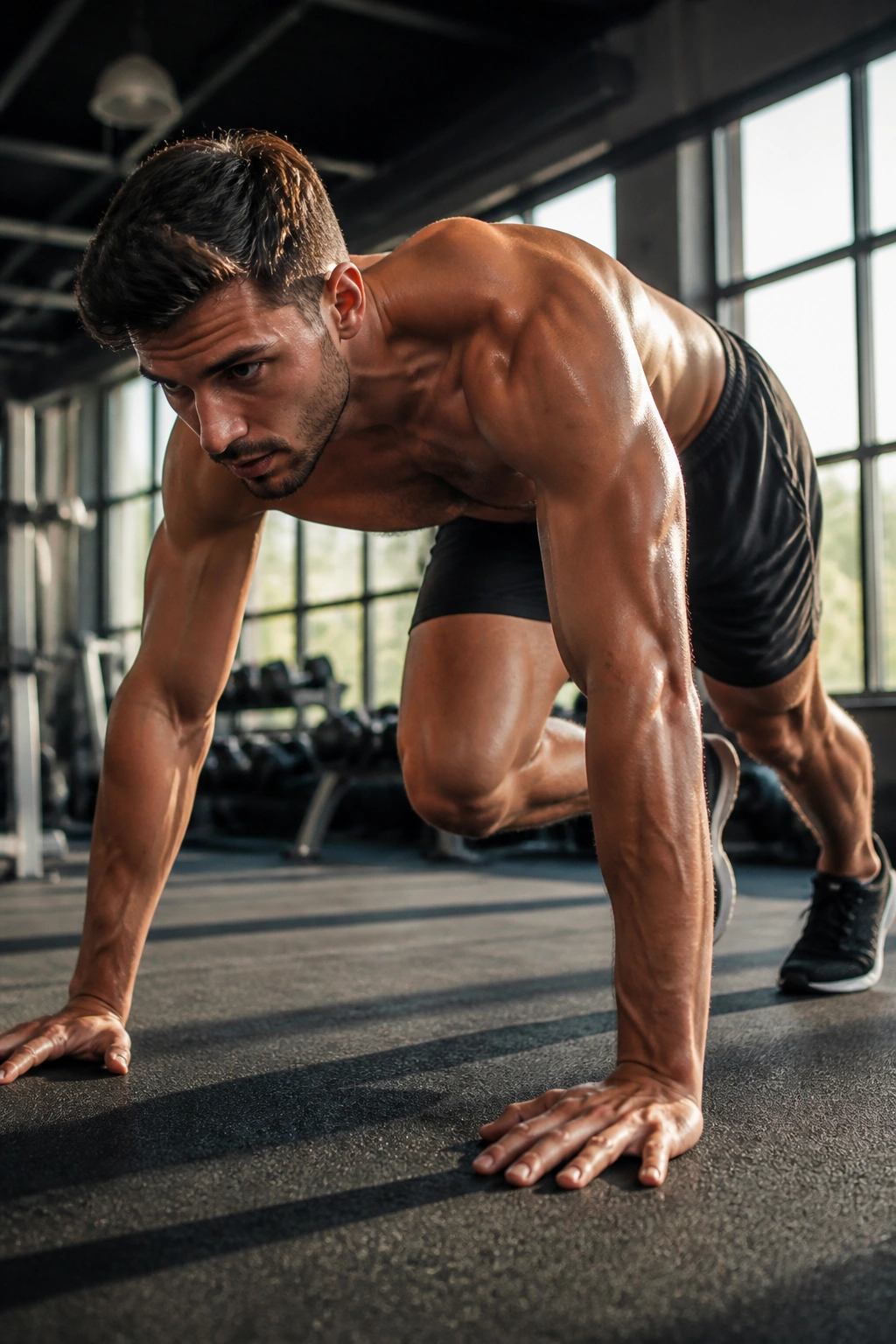 Close-up of a fit person performing mountain climbers as part of a Tabata finisher in a gym