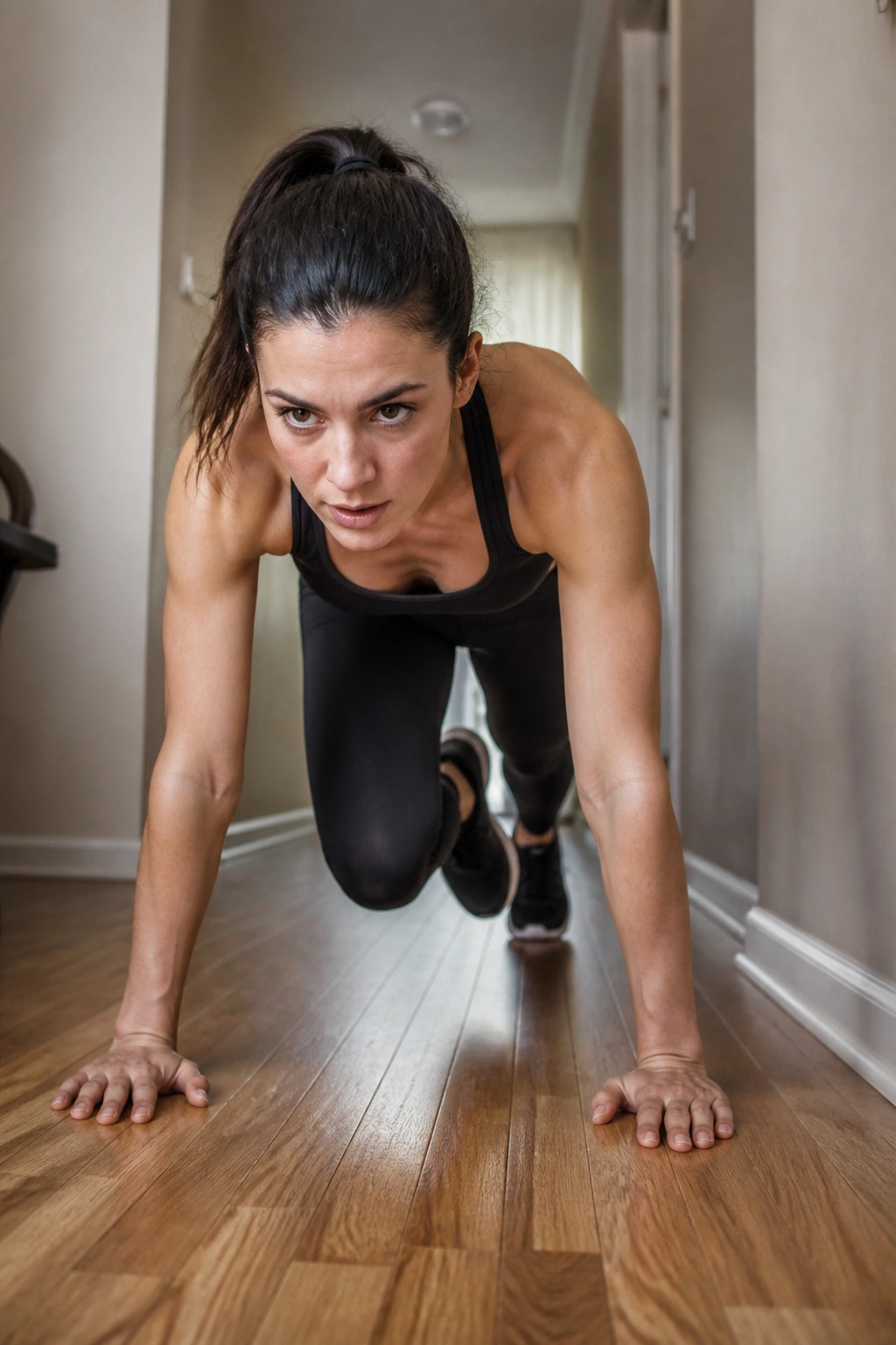 Person doing mountain climbers in a narrow hallway for small-space Tabata