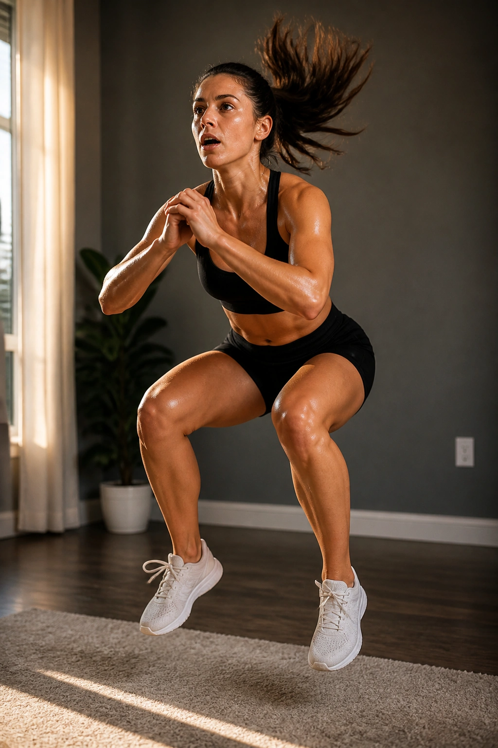 Medium close-up of a person performing a Tabata-style jump squat at home