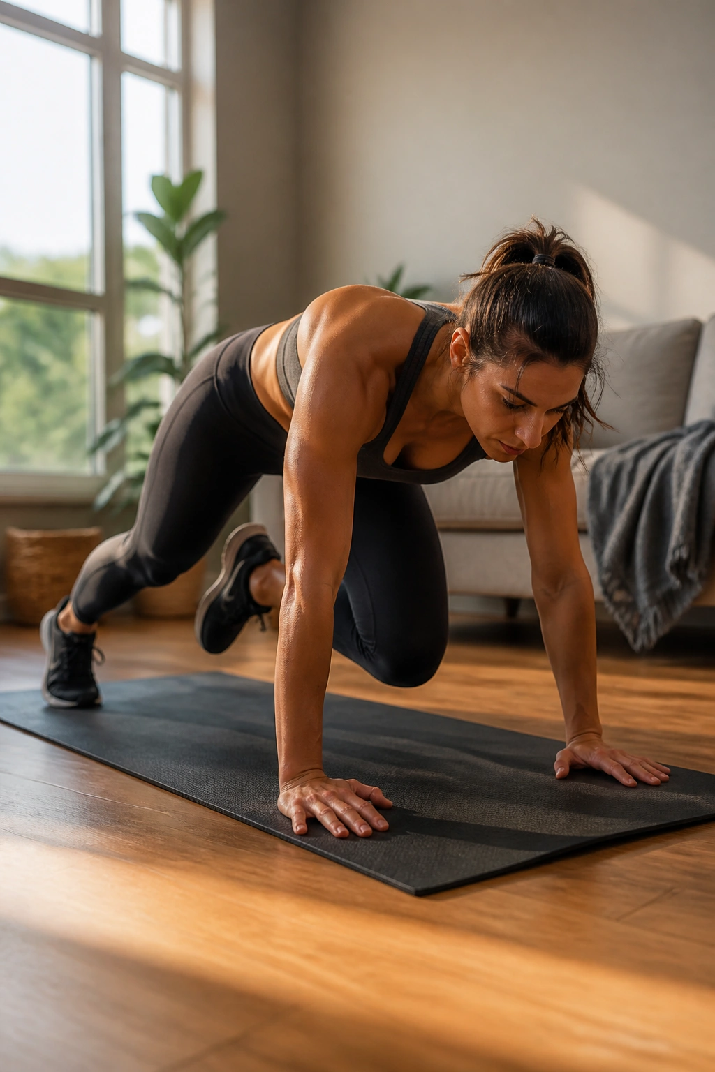 Close-up of a person performing mountain climbers on a mat in a sunlit living room