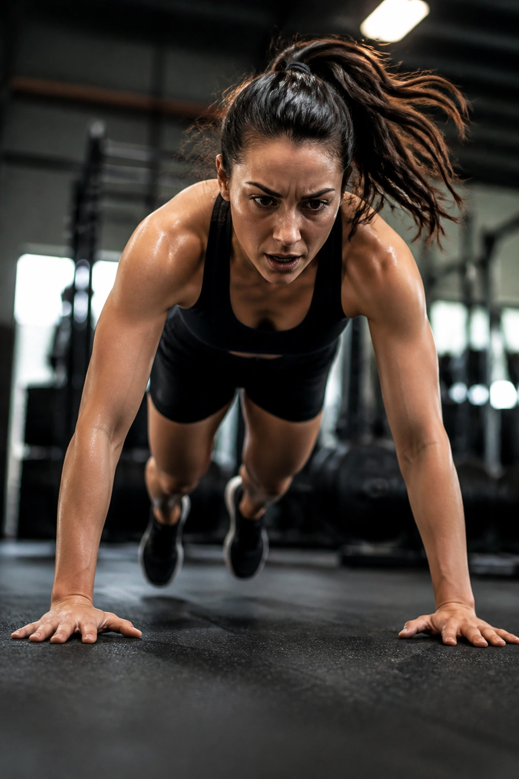 Close-up of a person performing a burpee during Tabata interval in gym