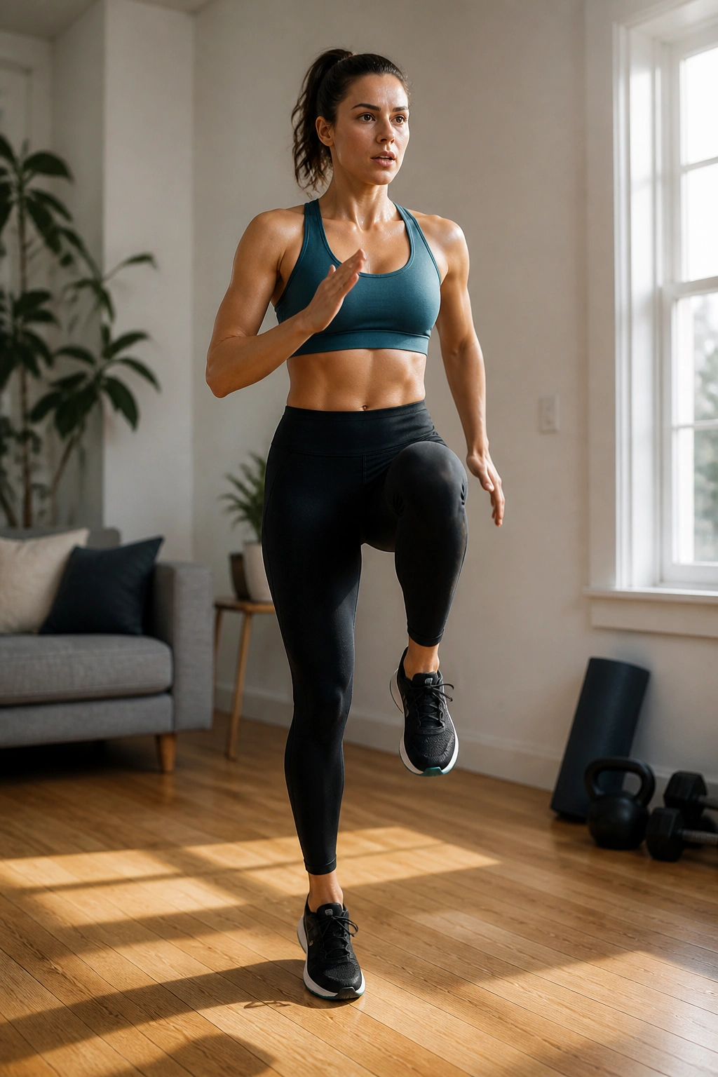 Person performing high knees in a home workout space.