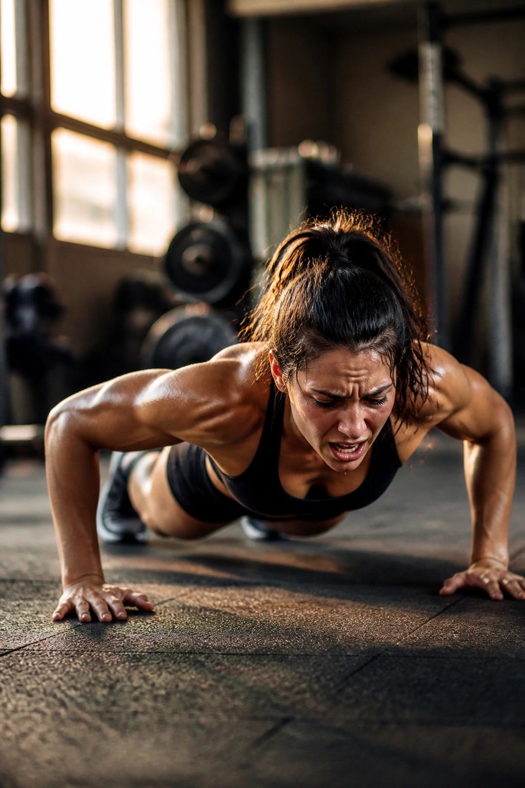 Close-up of a fit athlete performing a high-intensity burpee in a gym during Tabata intervals