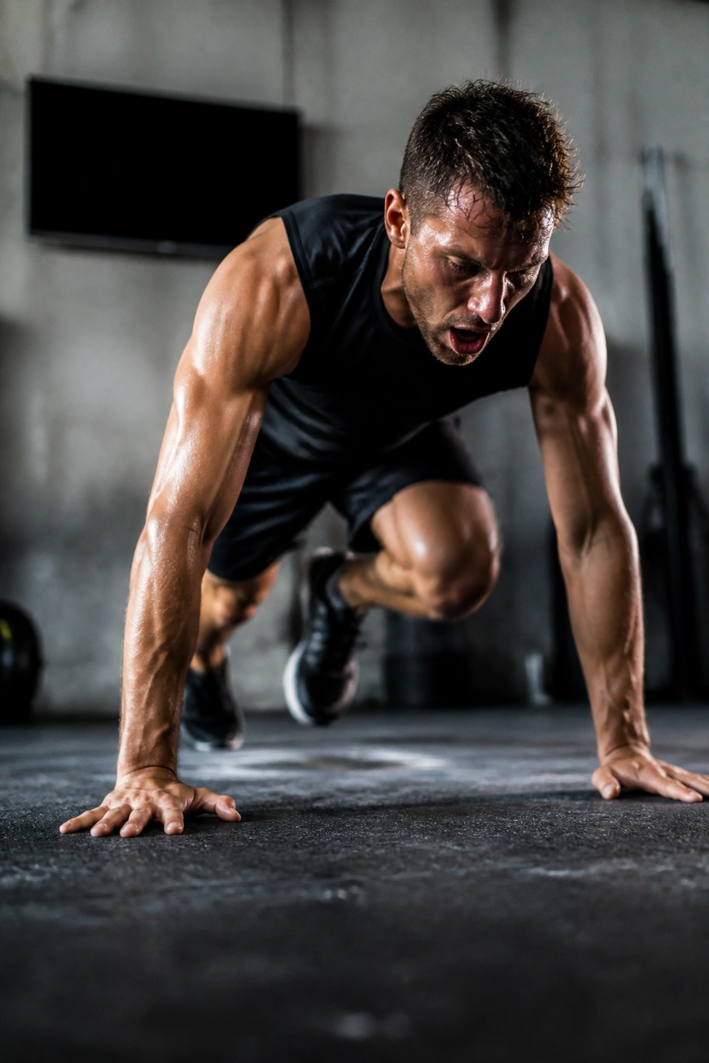 Intense Tabata interval workout portrait of athlete in gym