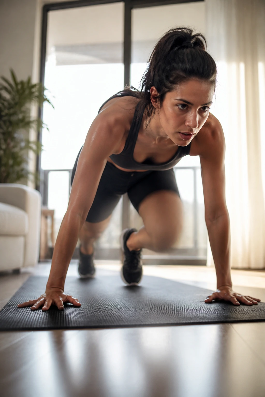 Person doing mountain climbers on a mat during Tabata in a small apartment