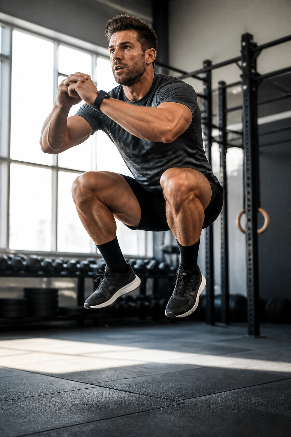 Athlete doing a jump squat during a high-intensity leg workout.