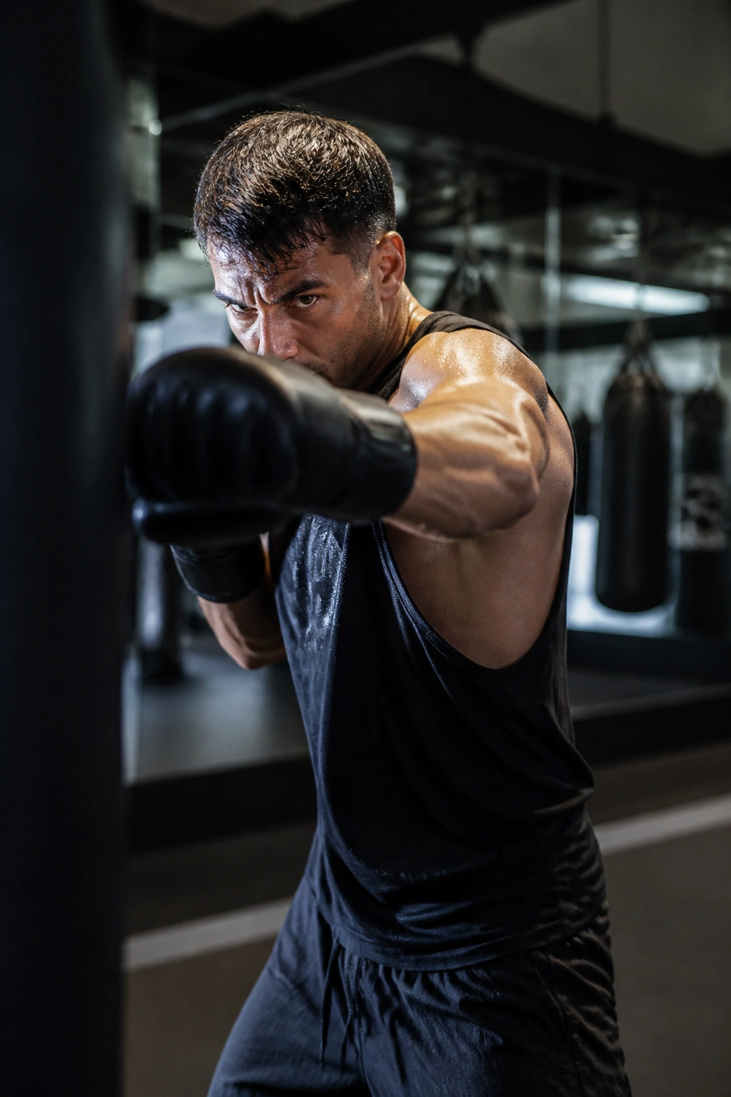 Intense kickboxer in a high-energy moment during Tabata intervals in a gym.