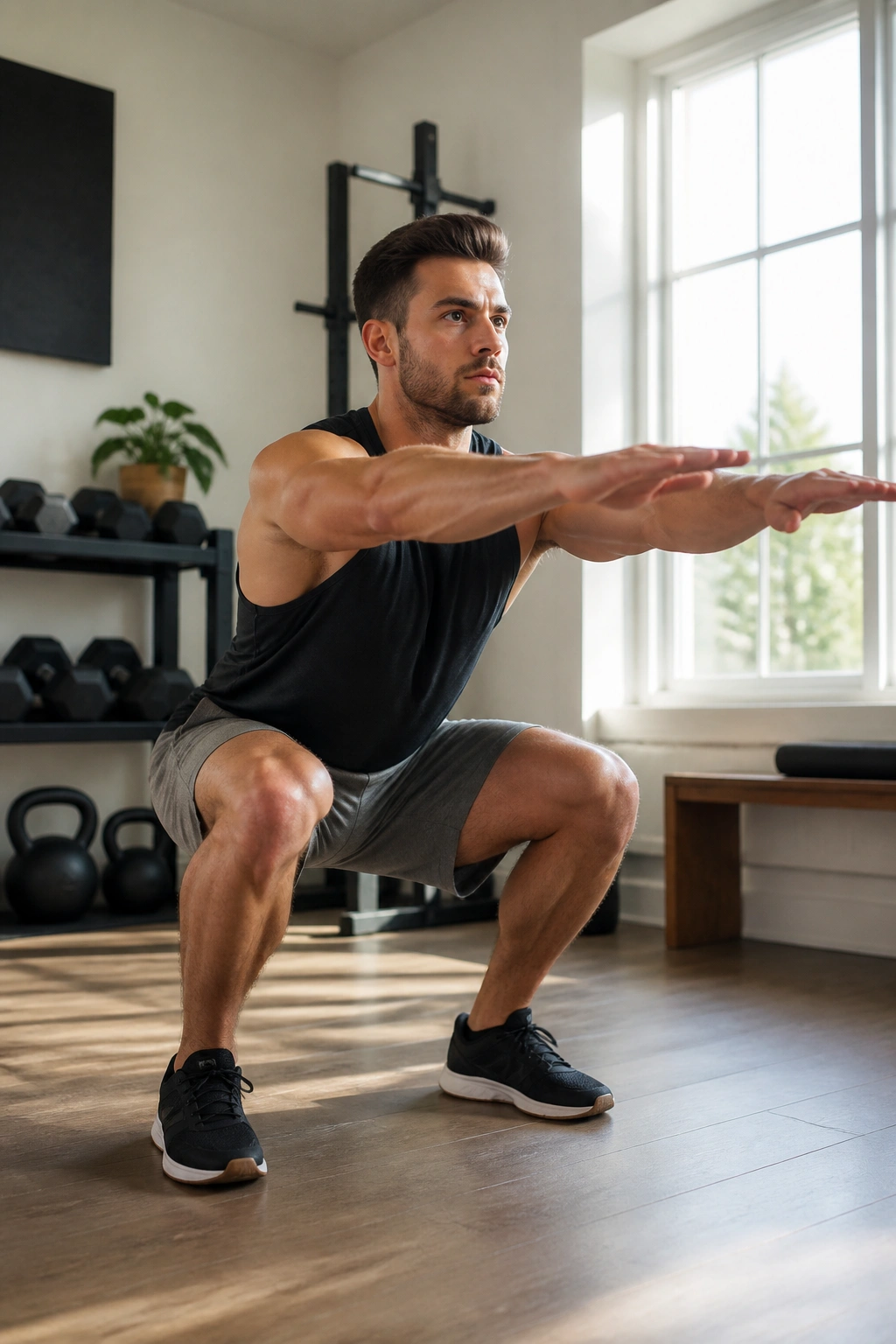 Close-up of a person performing a bodyweight air squat during a Tabata-style workout