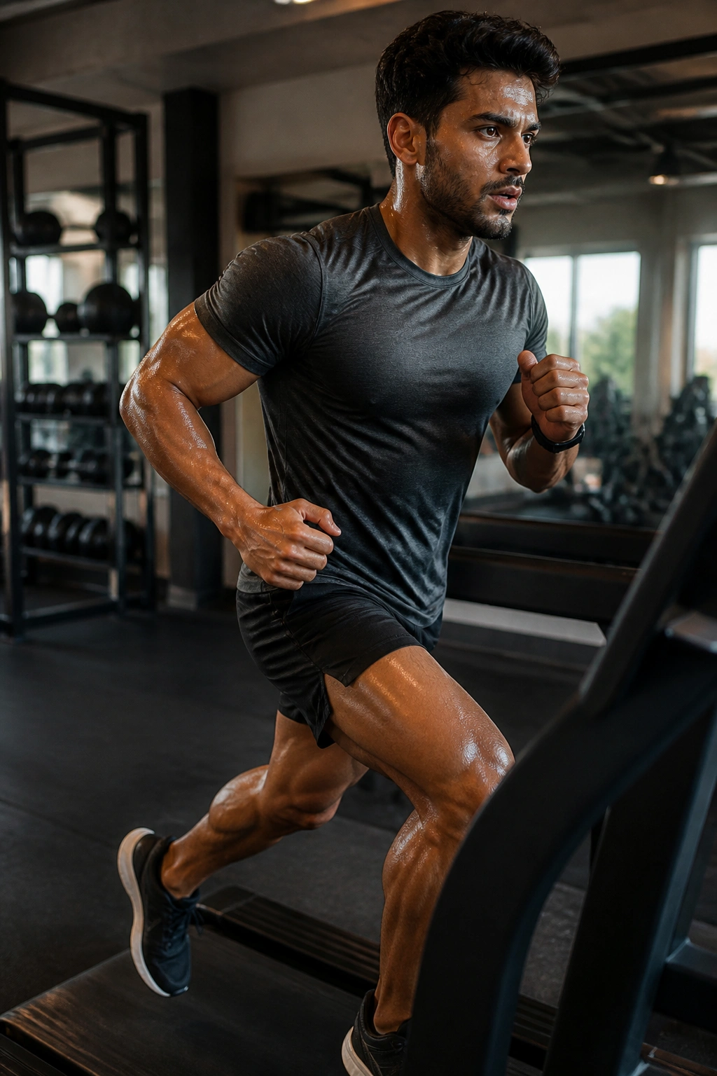 Person on treadmill performing Tabata-style burst in gym