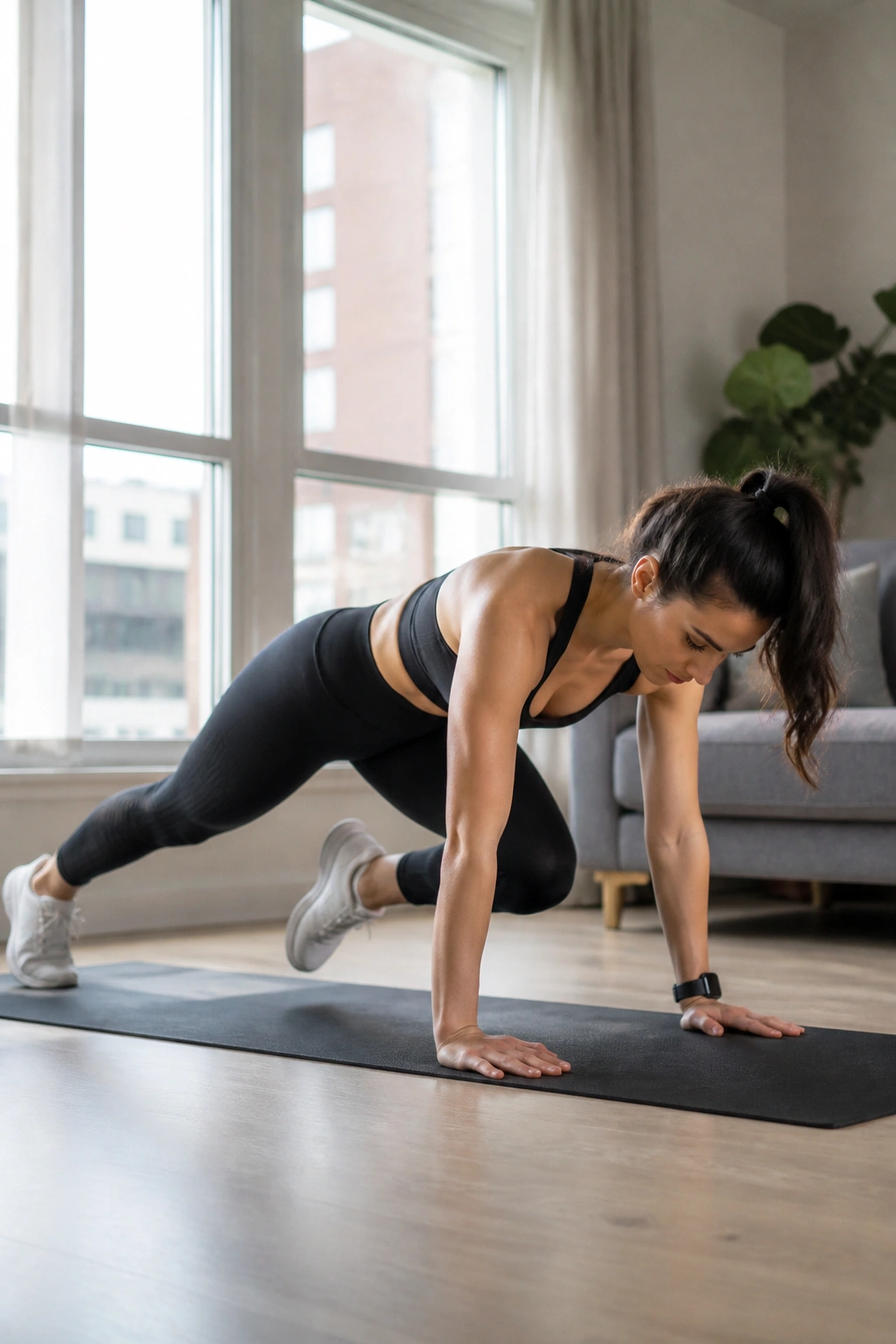 Medium close-up of a person doing Tabata mountain climbers in a home setting