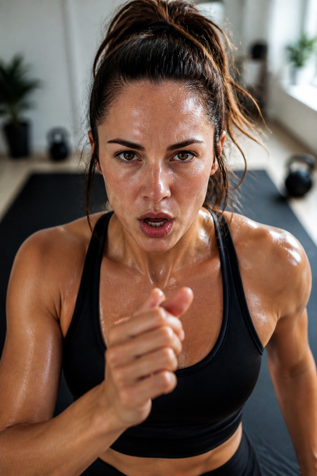 Close-up portrait of a real person performing high knees during Tabata workout, sweat visible