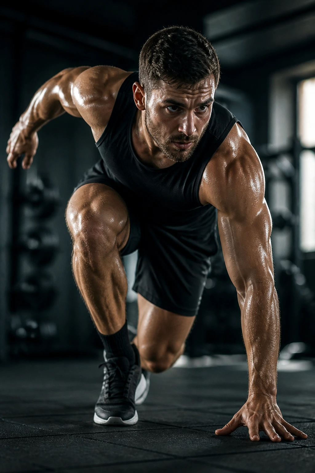 Close-up of athlete performing Tabata-style explosive movement in gym