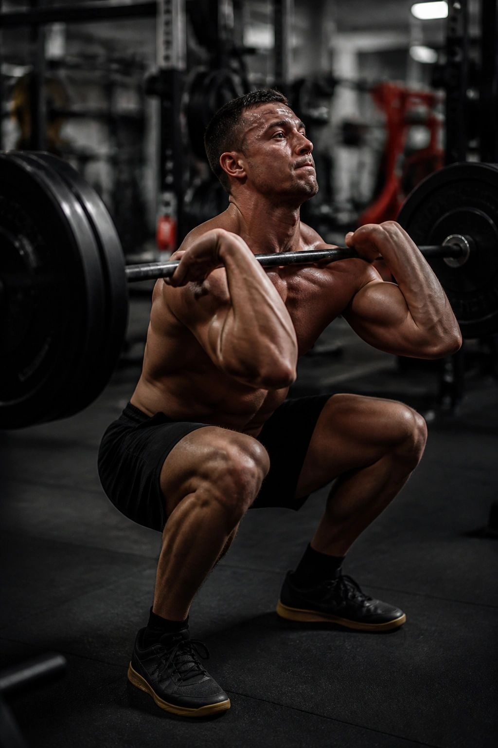 Close-up of athlete performing front squat during Tabata workout in gym
