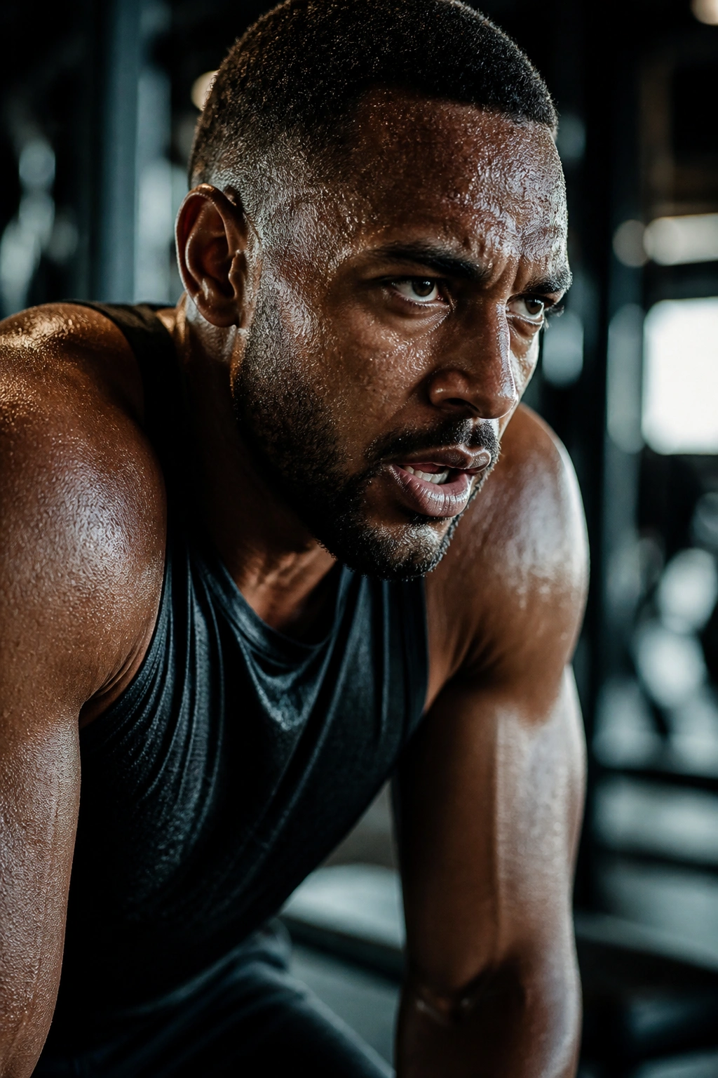 Close-up of sweaty athlete's intense face and upper torso during Tabata in a gym