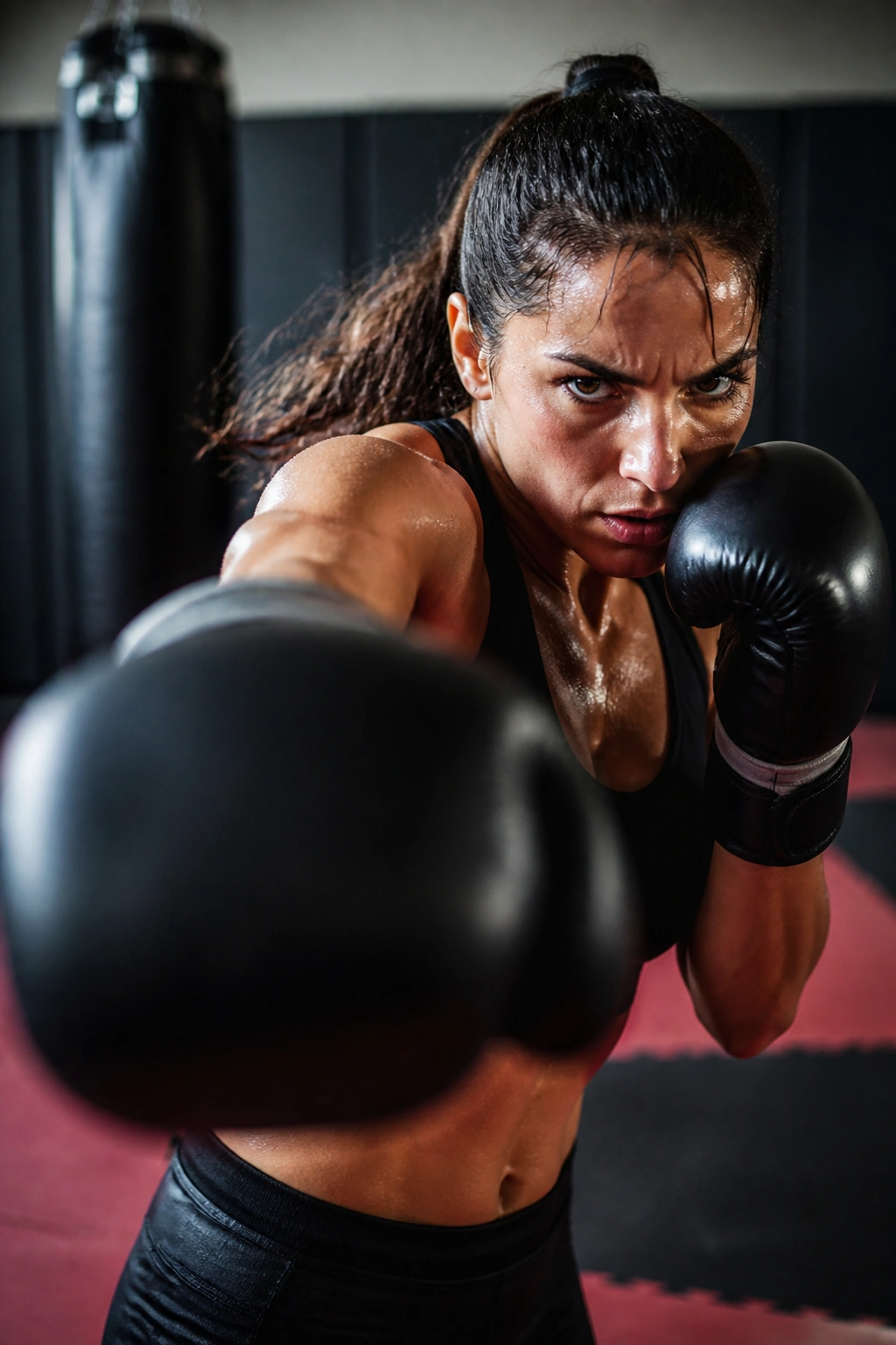 Close-up of a fighter's gloved fist delivering a Tabata punch in a gym.