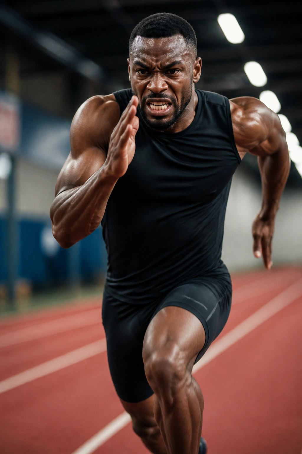 Close-up of a sprinter mid-stride on an indoor track during a Tabata sprint, intense focus