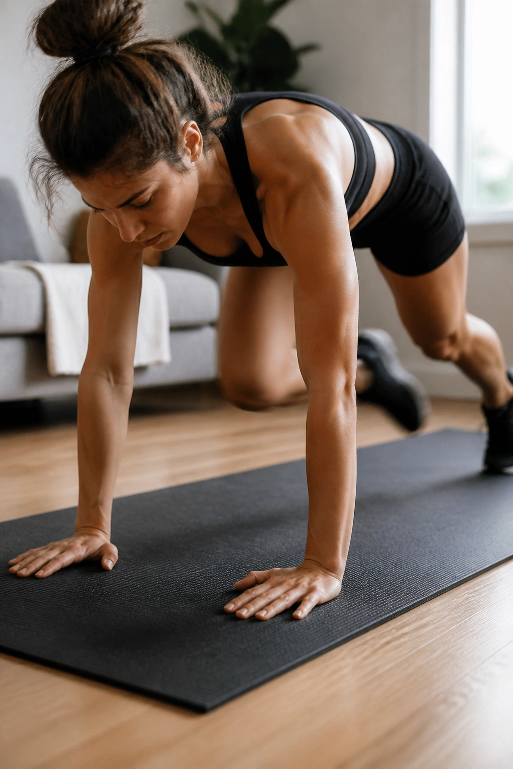 Close-up of a fit person performing squat thrusts on a mat during a four-minute Tabata in a bright home gym.