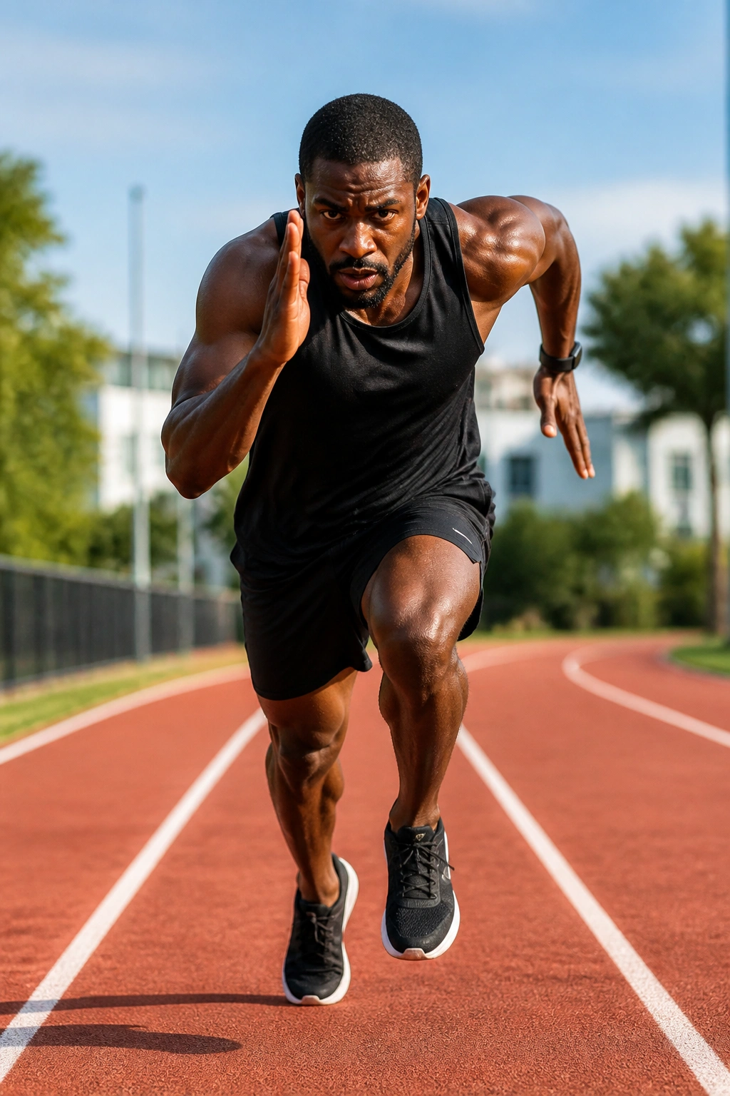 Athlete sprinting on an outdoor track during Tabata-style intervals.