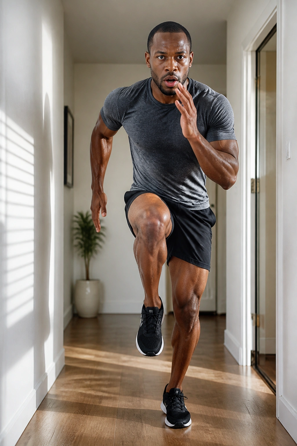 Person performing Tabata-style sprints at home