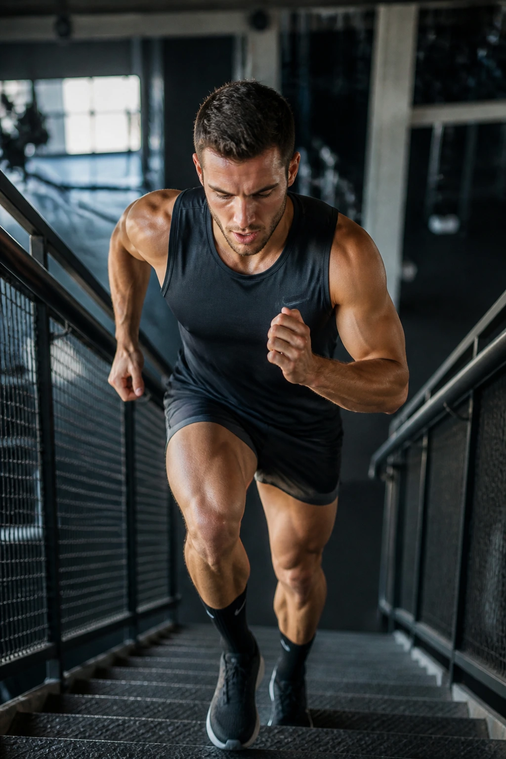 Athlete performing Tabata stair blasts on a short stair flight.
