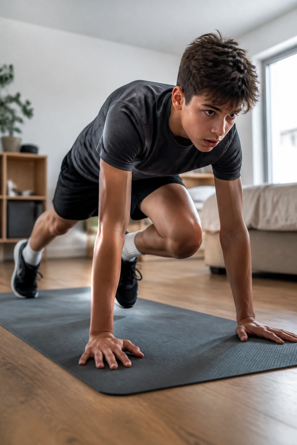 Teen doing Tabata-style mountain climbers on a mat