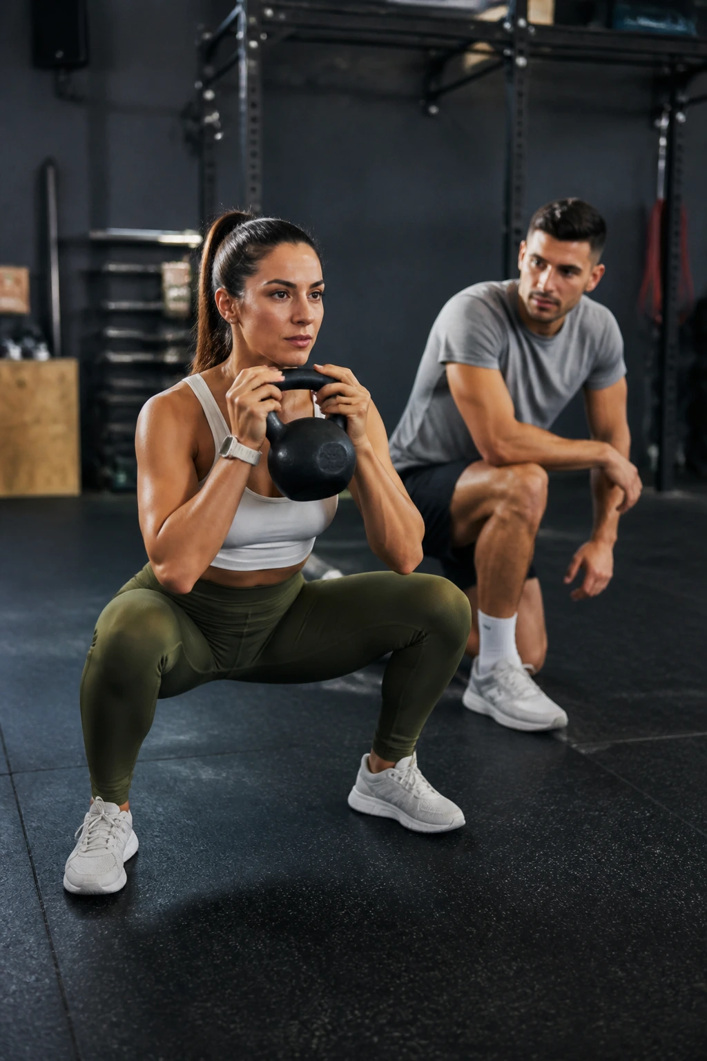 Two athletes in a gym performing tag-team EMOM, goblet squats and rest in alternating minutes.