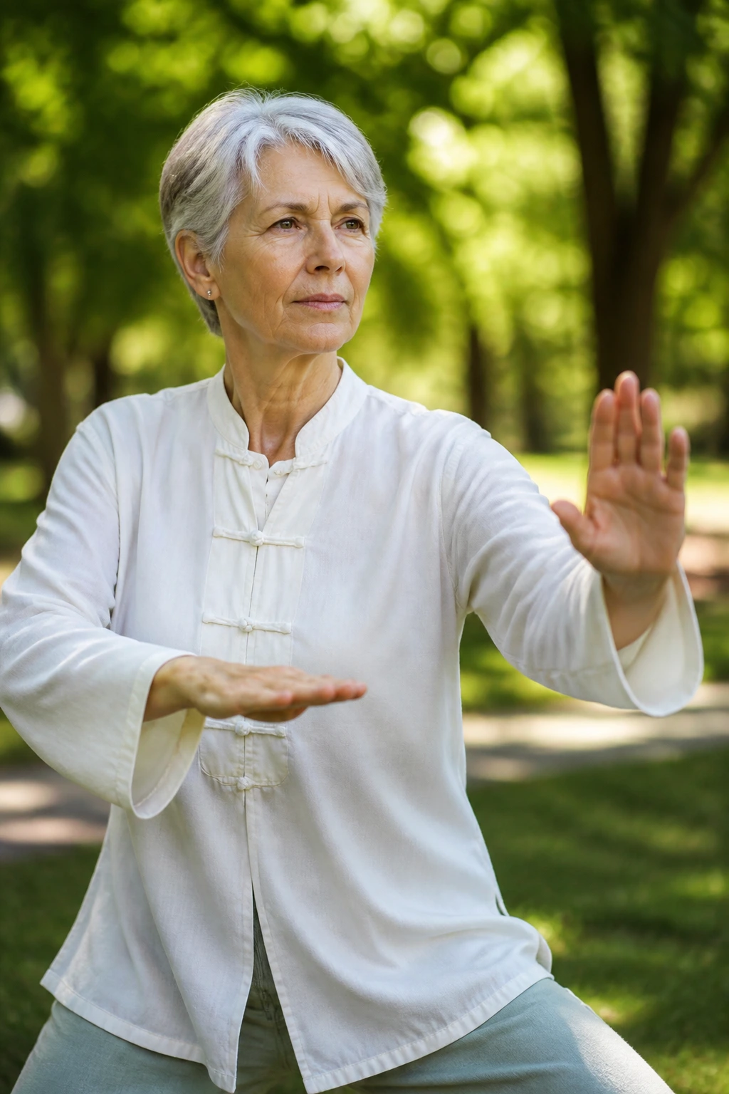 Older woman practicing Tai Chi in a sunlit park for balance and calm