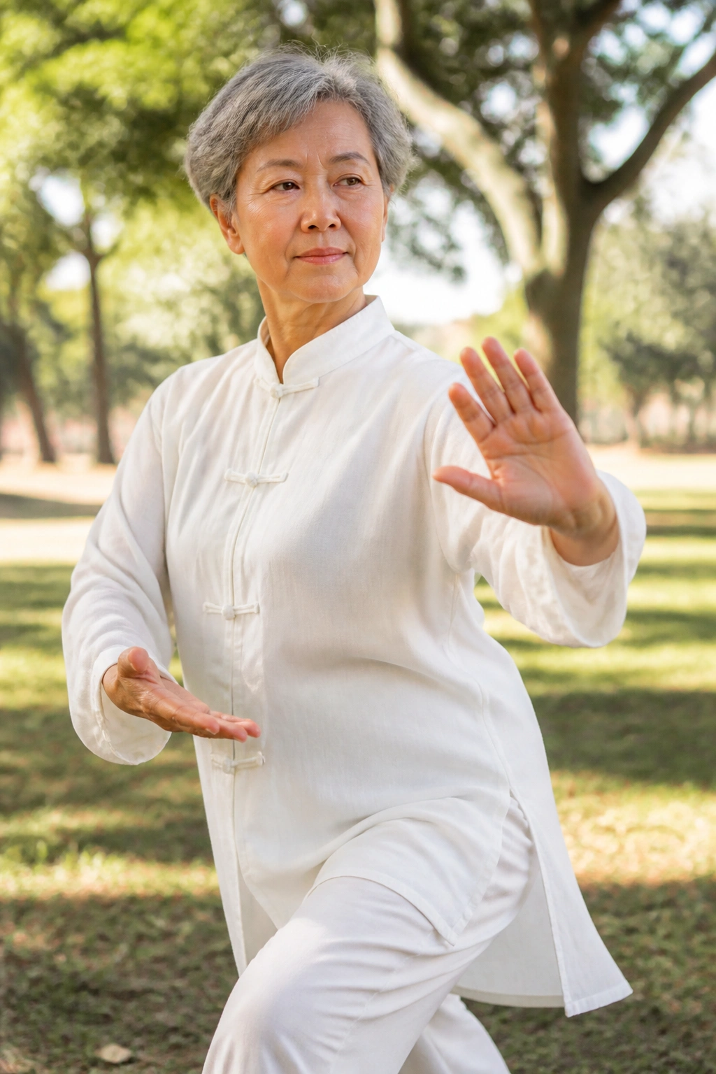 Medium close-up of a person performing Tai Chi in a sunlit park, showing slow, controlled movements.